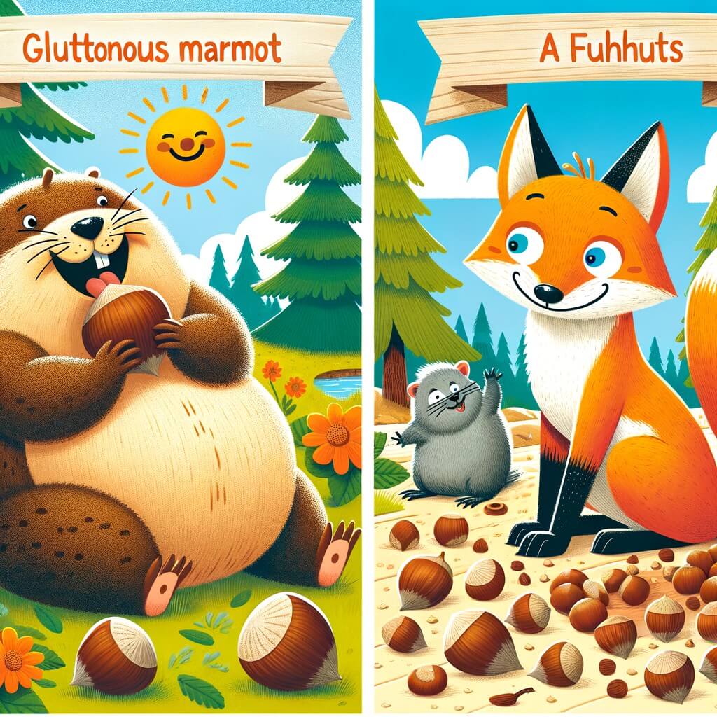 Une illustration destinée aux enfants représentant une marmotte gourmande, vivant dans une clairière ensoleillée, qui se retrouve confrontée à un renard rusé dans une quête amusante pour trouver des noisettes.