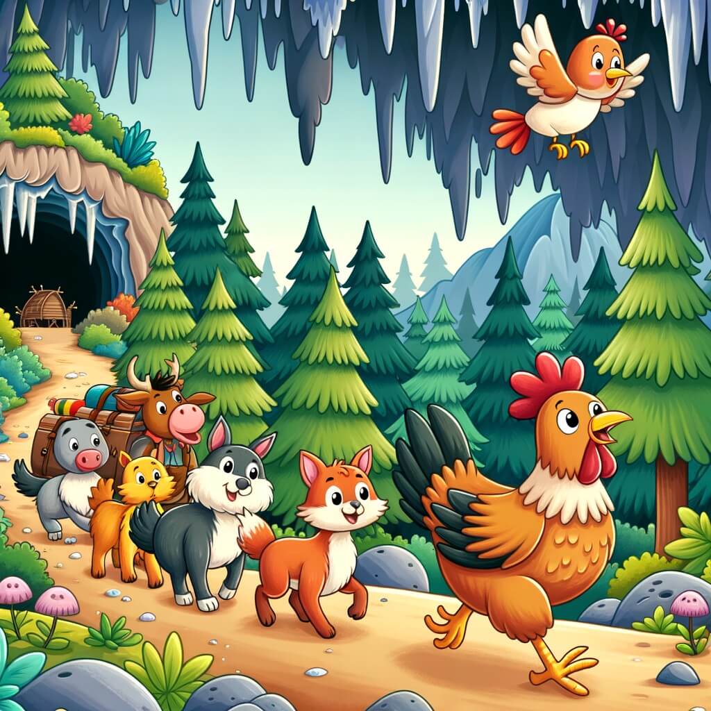 Une illustration destinée aux enfants représentant une poule aventurière se lançant dans une exploration passionnante avec ses amis animaux, à travers une forêt luxuriante menant à une grotte mystérieuse remplie de stalactites et de stalagmites.