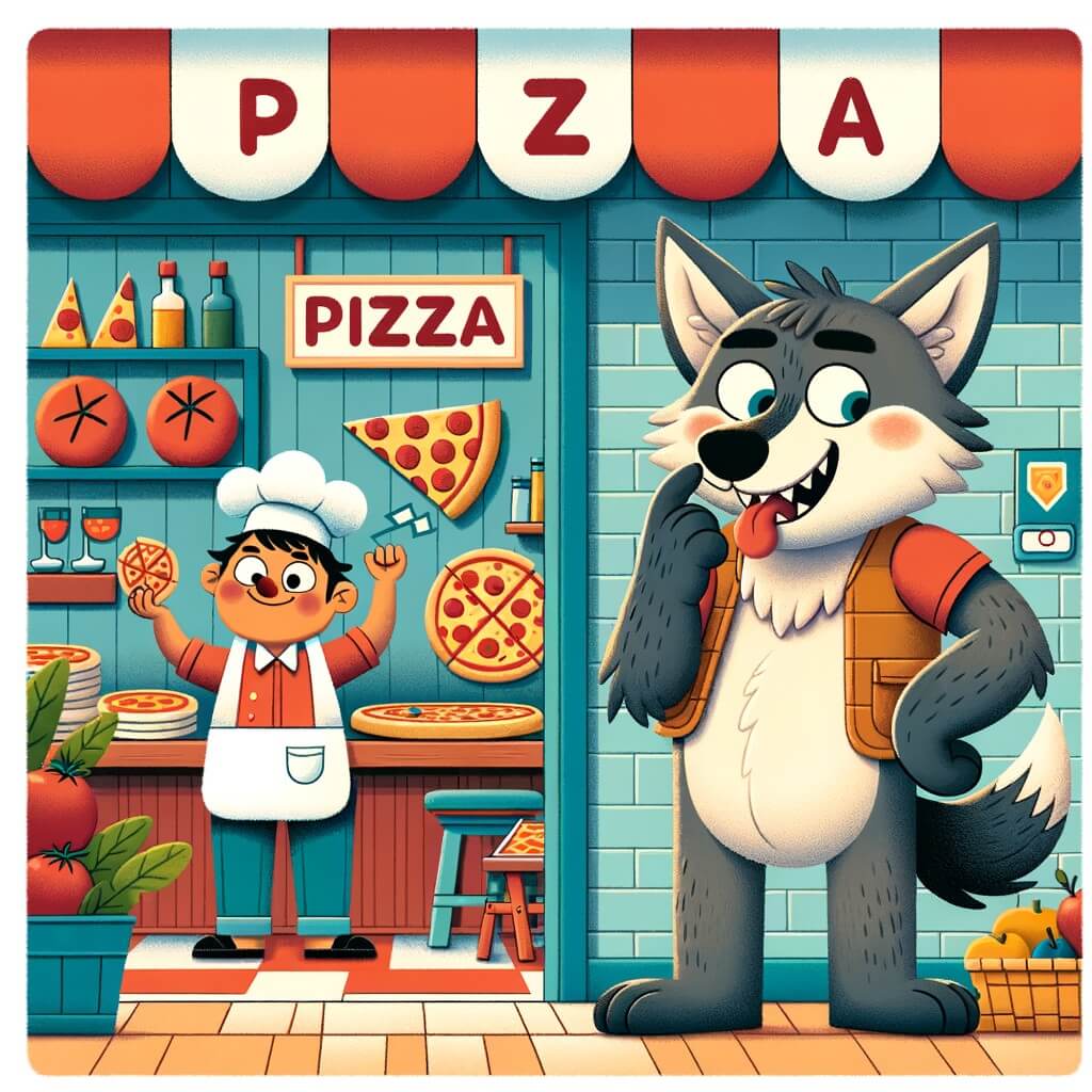 Une illustration destinée aux enfants représentant un loup affamé, en quête de la meilleure pizza de la ville, accompagné d'un propriétaire de pizzeria joyeux, dans une petite pizzeria colorée et chaleureuse.
