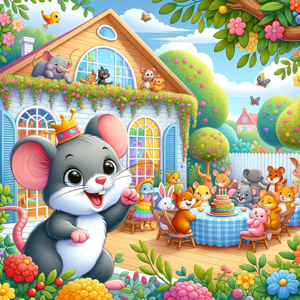 Une illustration pour enfants représentant une souris maline, passionnée de cuisine, qui assiste à une fête animée chez un chat riche dans une grande maison.