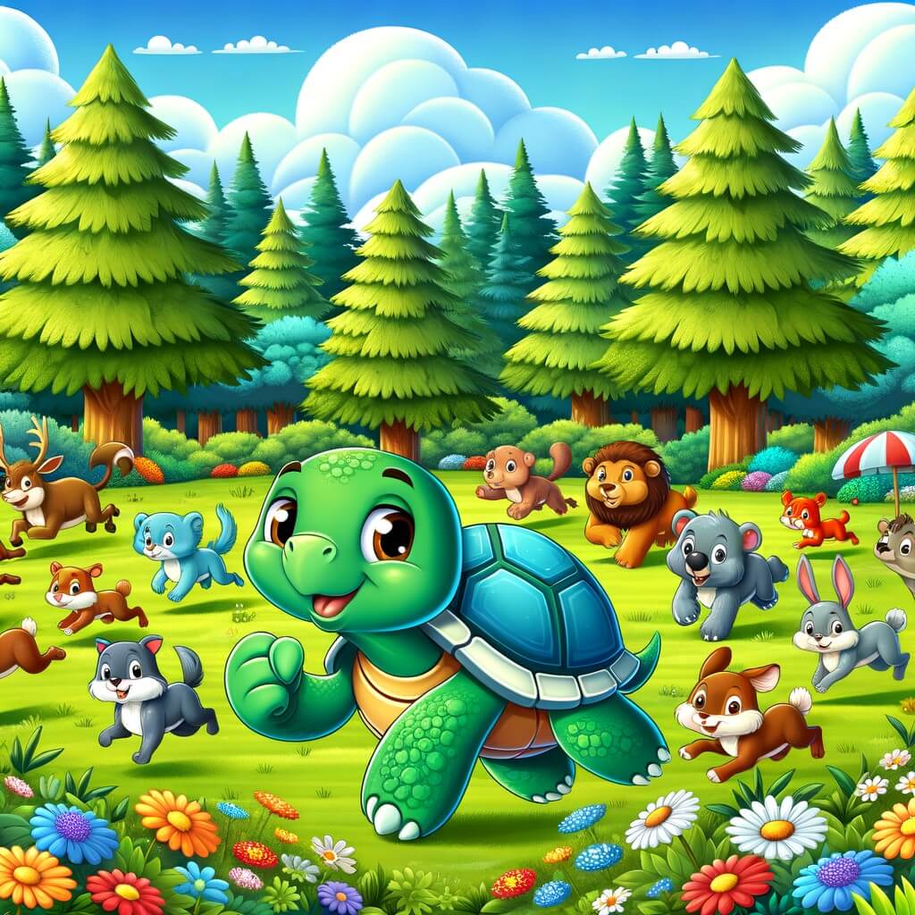 Une illustration destinée aux enfants représentant une tortue joyeuse et rapide, accompagnée d'un groupe d'animaux de la forêt, dans une clairière verdoyante entourée d'arbres majestueux et de fleurs colorées, où ils organisent une course amusante.
