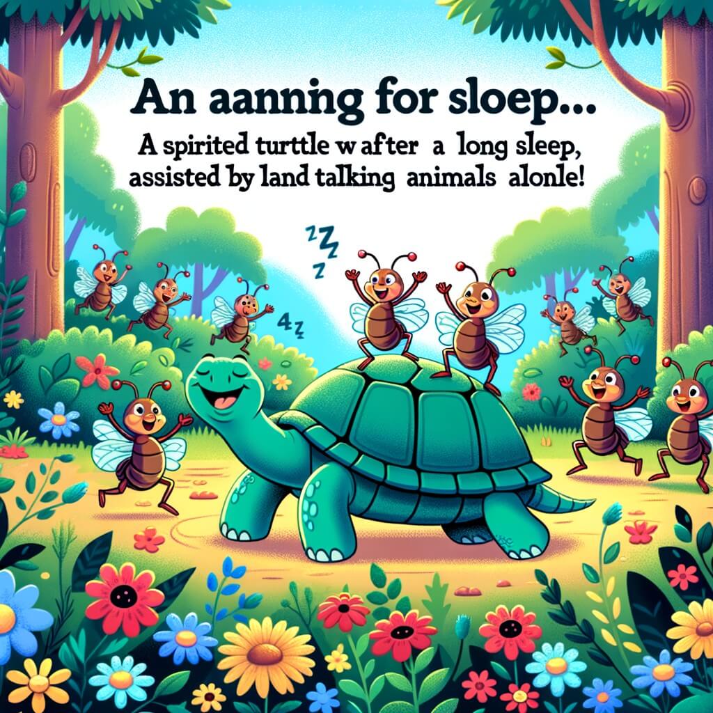 Une illustration destinée aux enfants représentant une tortue pleine d'énergie qui se réveille après un long sommeil, aidée par une joyeuse bande de fourmis, dans une forêt enchantée remplie de fleurs colorées et d'animaux parlants.