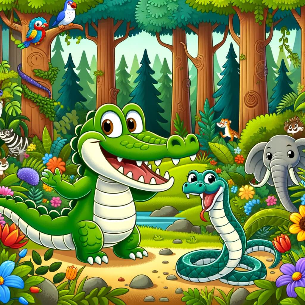 Une illustration destinée aux enfants représentant un crocodile joyeux et souriant, accompagné d'un serpent malicieux, dans une forêt luxuriante remplie d'arbres majestueux, de fleurs colorées et d'animaux curieux.