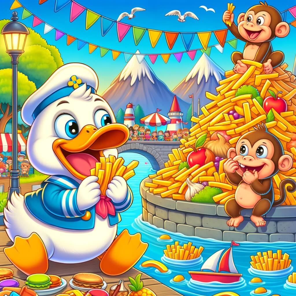 Une illustration destinée aux enfants représentant un canard joyeux et gourmand, accompagné d'un singe malicieux, dans un restaurant coloré au bord de la rivière, où ils découvrent une montagne de frites délicieuses.