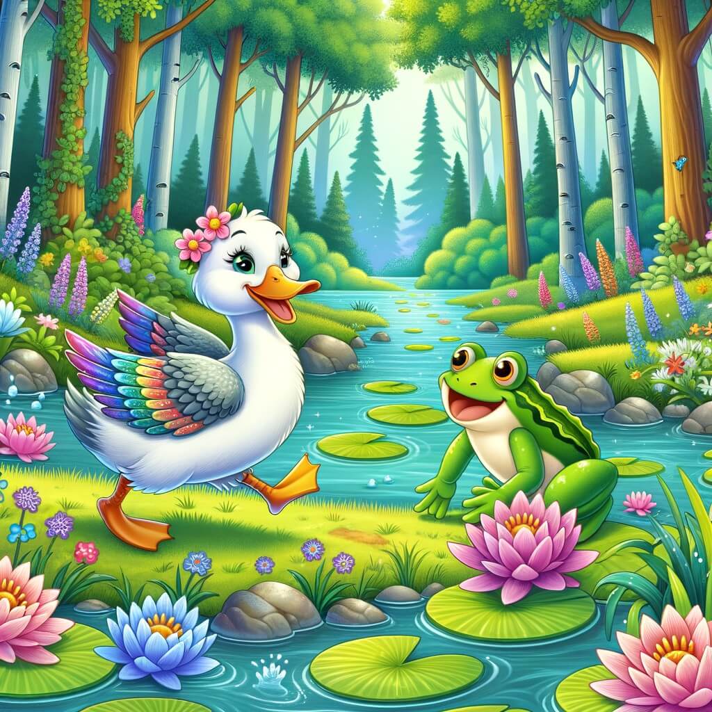 Une illustration destinée aux enfants représentant un canard aux plumes chatoyantes, accompagné d'une grenouille, se promenant joyeusement le long d'une rivière bordée de nénuphars colorés dans une forêt enchantée.