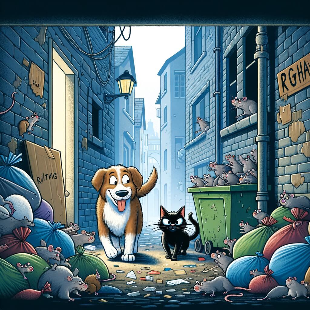 Une illustration destinée aux enfants représentant un chat espiègle, accompagné d'un chien courageux, dans une ruelle sombre et étroite, remplie de poubelles débordantes et de rats qui courent partout.