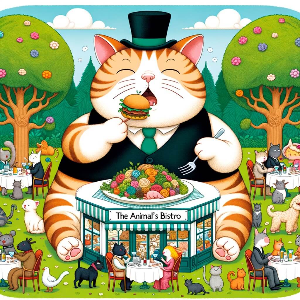 Une illustration pour enfants représentant un chat gourmand à la recherche d'un repas savoureux dans un restaurant chic, mais qui se retrouve poursuivi par des serveurs en colère dans une ruelle sombre.