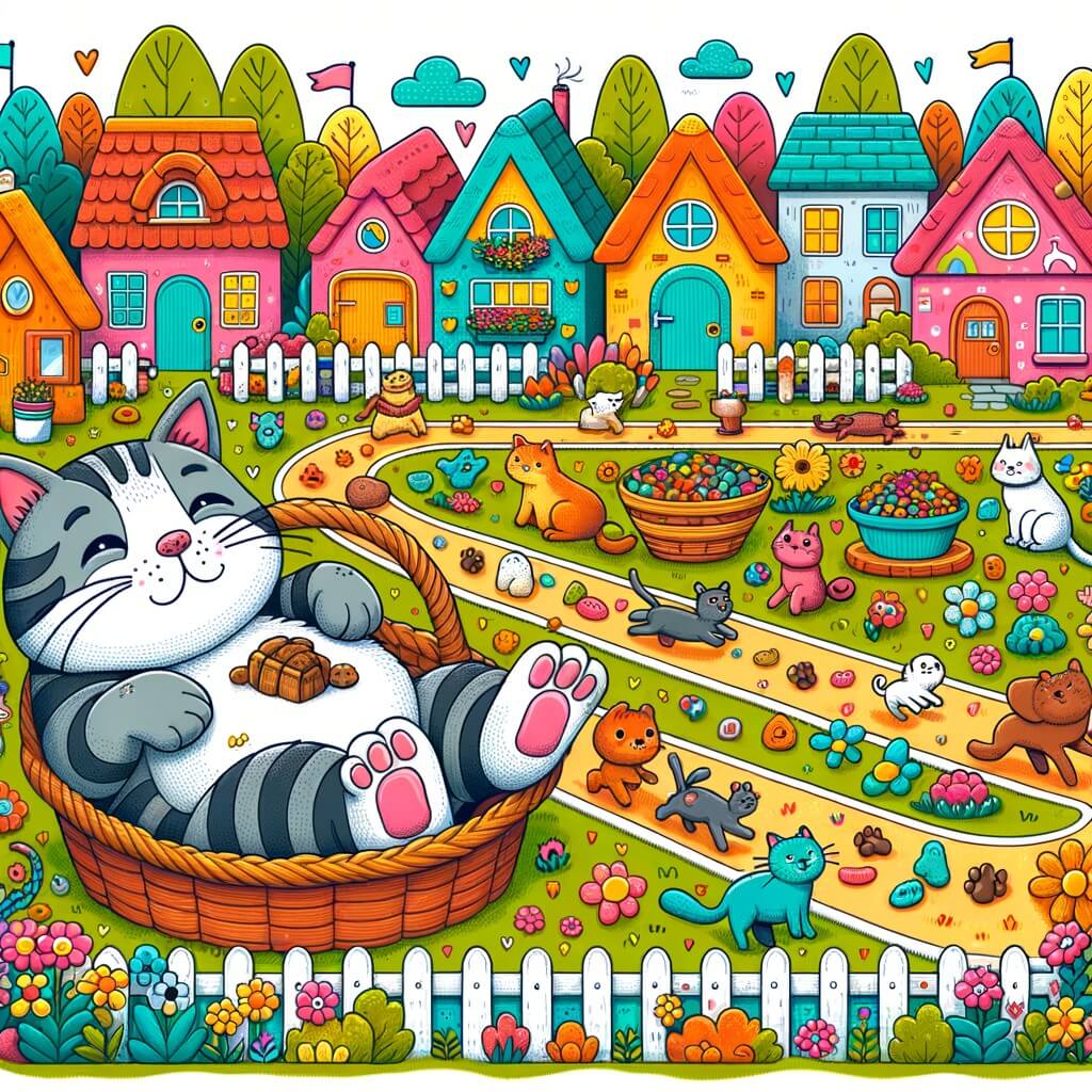 Une illustration pour enfants représentant un chat paresseux qui doit participer à une course de vitesse pour gagner un panier de croquettes, dans un quartier rempli d'animaux amusants.