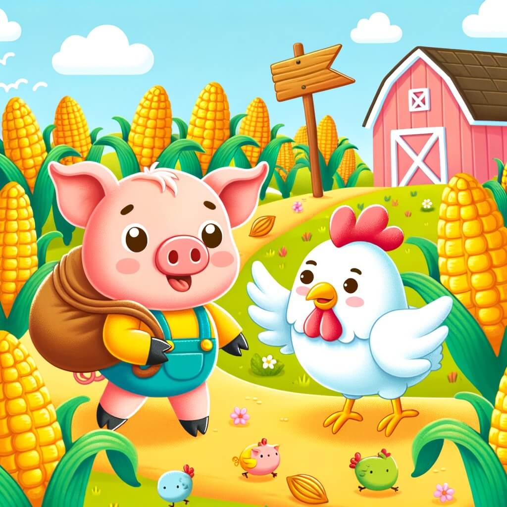 Une illustration destinée aux enfants représentant un cochon affamé qui se lance dans une quête de nourriture dans une ferme colorée, accompagné d'une joyeuse poule qui lui montre un champ de maïs abondant.