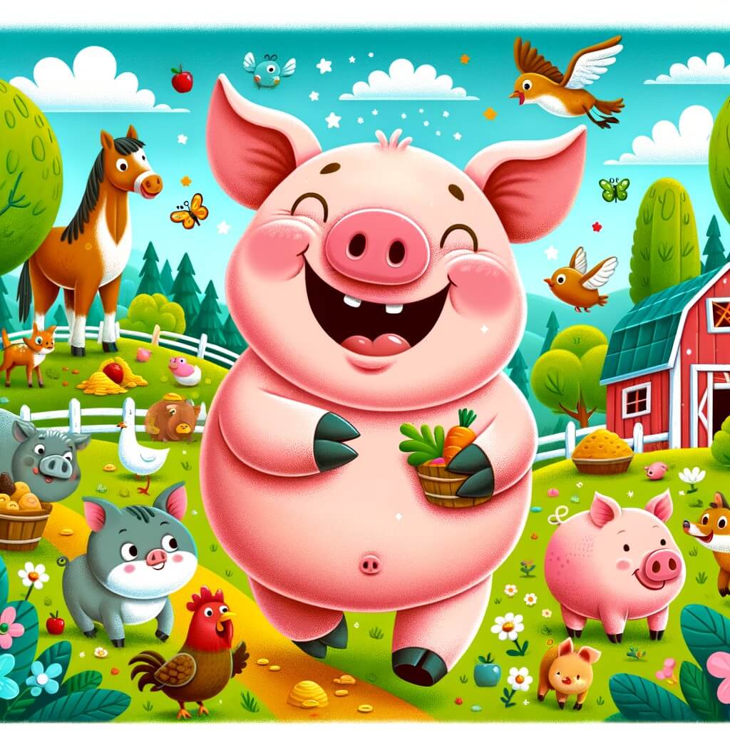 Une illustration destinée aux enfants représentant un joyeux cochon gourmand, accompagné de ses amis animaux, explorant une ferme colorée et animée, à la recherche de délicieuses friandises à manger.
