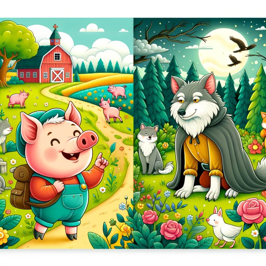 Une illustration destinée aux enfants représentant un joyeux cochon qui rêve de partir en voyage, accompagné d'un vieux loup bienveillant, dans une ferme colorée entourée de vastes champs verdoyants et d'une forêt mystérieuse.