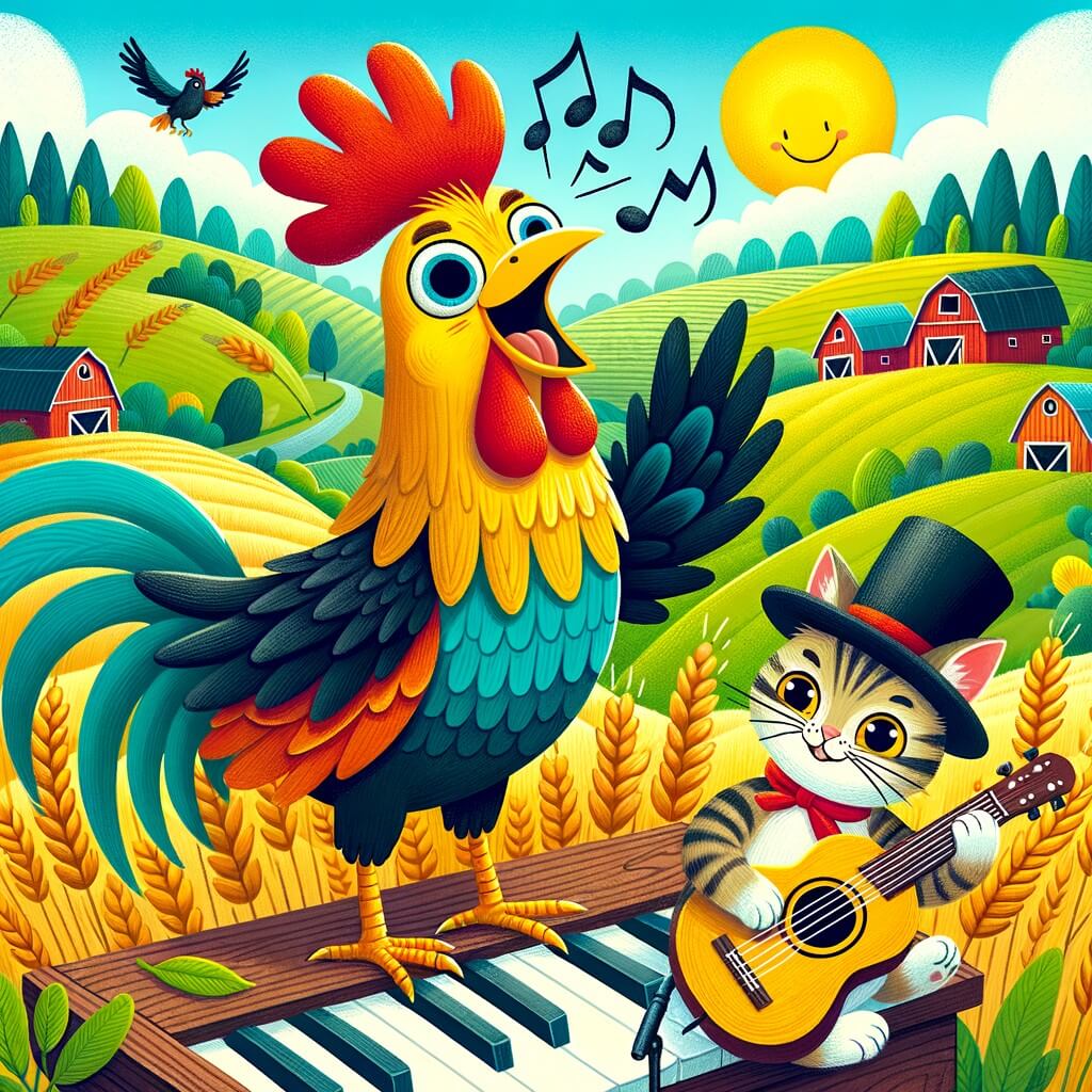 Une illustration destinée aux enfants représentant un coq coloré et joyeux qui a perdu sa voix, accompagné d'un chat musicien habillé d'un chapeau à plumes, dans une ferme pittoresque entourée de champs verdoyants et de collines vallonnées.