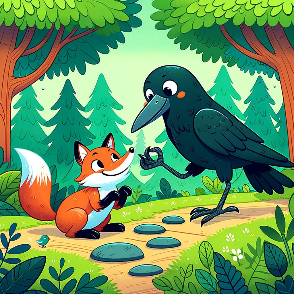 Une illustration destinée aux enfants représentant un corbeau malicieux, dans une forêt verdoyante, en train de faire une farce à un renard gourmand.