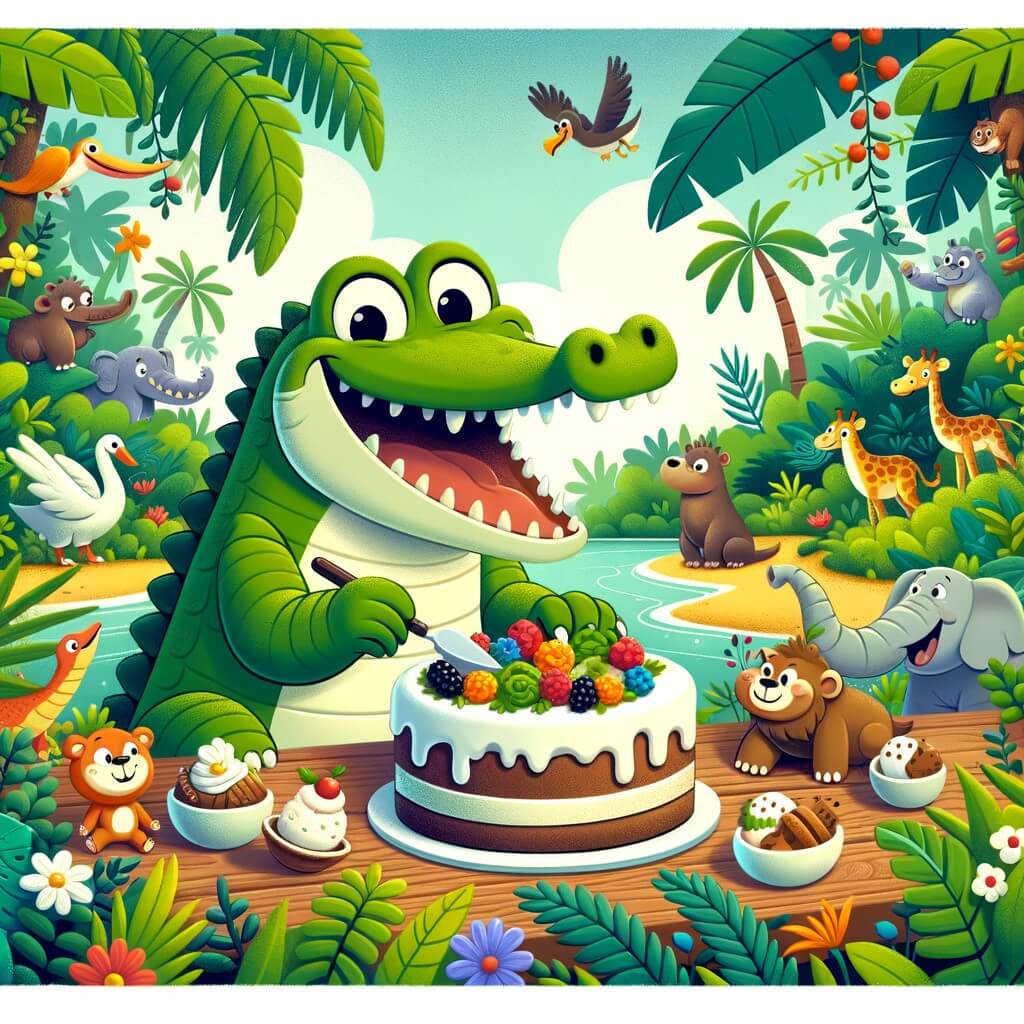 Une illustration destinée aux enfants représentant un joyeux crocodile gourmand qui prépare un gâteau délicieux avec l'aide de ses amis animaux dans une jungle luxuriante pleine de plantes tropicales, de fleurs colorées et d'animaux exotiques.
