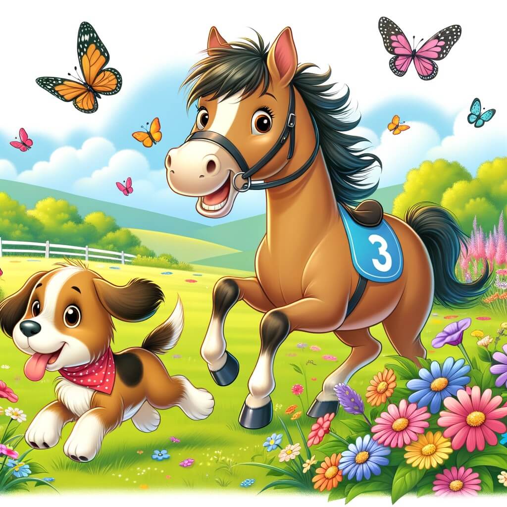 Une illustration destinée aux enfants représentant un joyeux cheval qui se prépare pour un grand concours de course, accompagné de son fidèle ami, un chien joueur, dans une prairie verdoyante où fleurs colorées et papillons virevoltent.