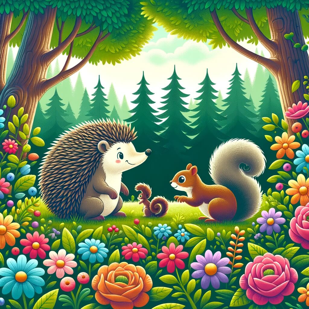 Une illustration destinée aux enfants représentant un hérisson coquet perdu dans une forêt luxuriante, croisant un écureuil bienveillant, tandis que des fleurs colorées égayent le paysage.