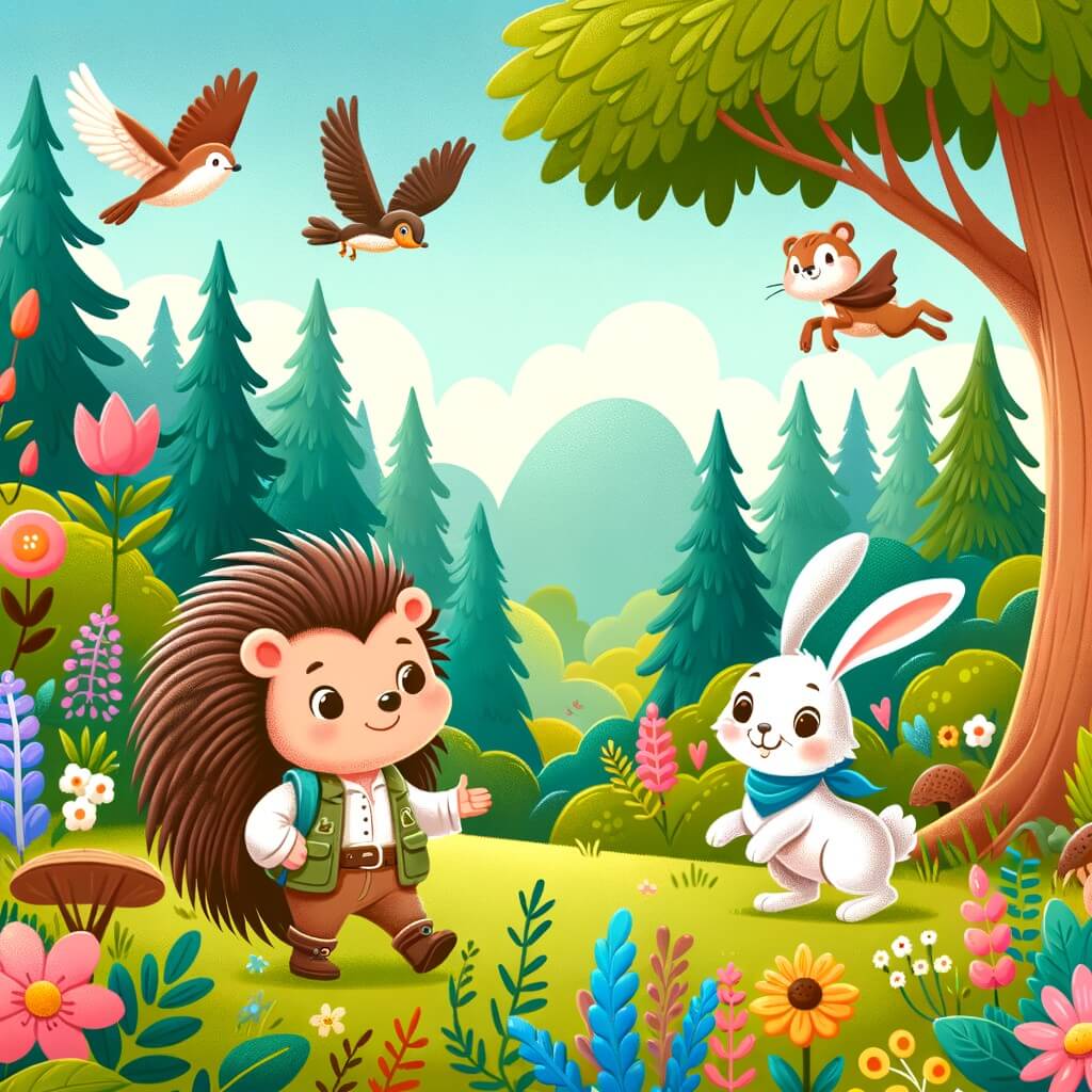Une illustration destinée aux enfants représentant un petit hérisson curieux et aventurier, accompagné d'un lièvre espiègle, se trouvant dans une magnifique forêt luxuriante remplie d'arbres majestueux, de fleurs colorées et d'animaux joyeux.