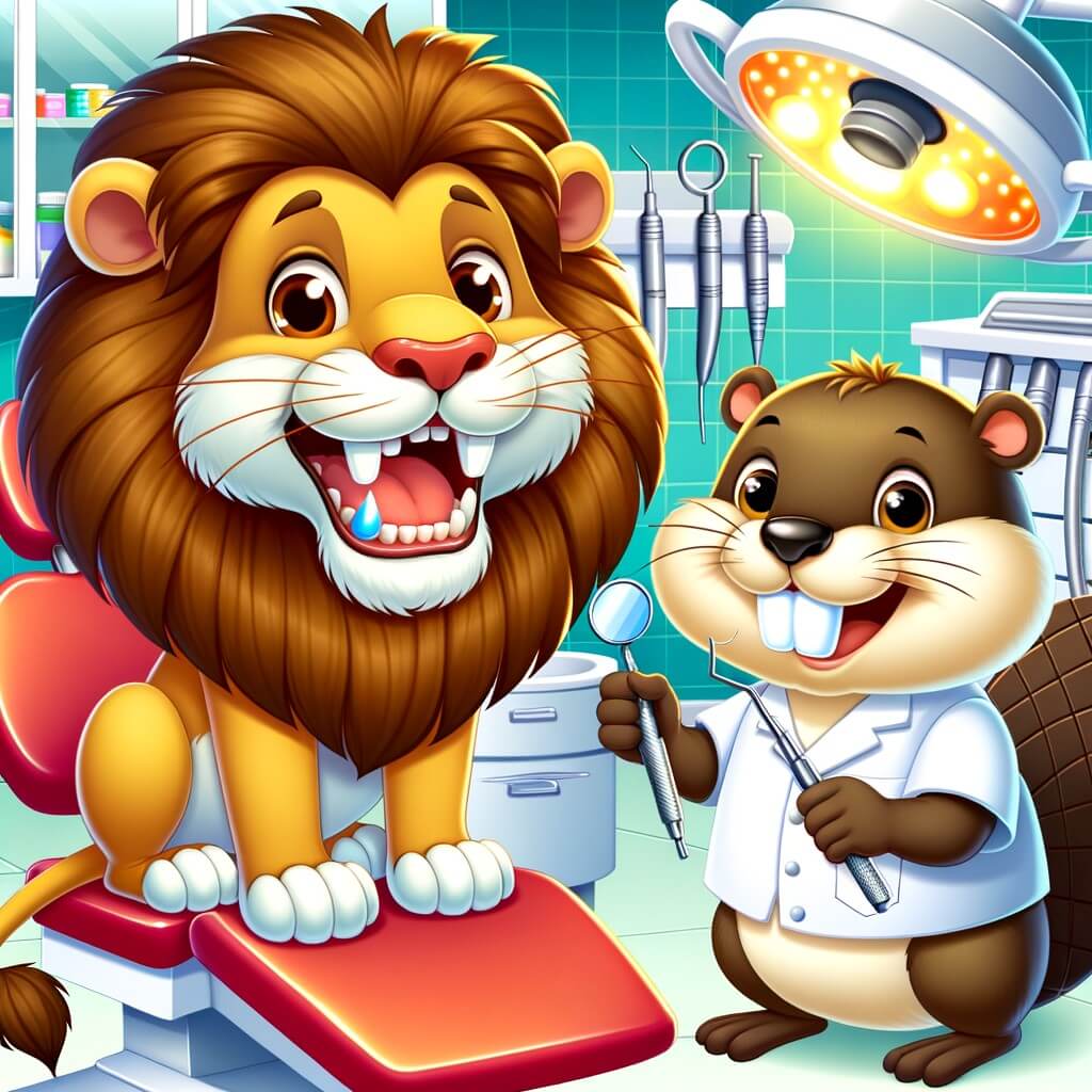 Une illustration destinée aux enfants représentant un majestueux lion aux dents douloureuses se rendant chez un dentiste, accompagné d'un amical castor, dans un cabinet dentaire coloré et rempli d'instruments étincelants.