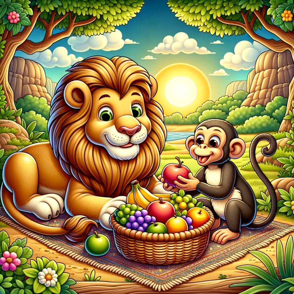 Une illustration destinée aux enfants représentant un lion gourmand se retrouvant dans une savane luxuriante, accompagné d'un singe malicieux, dans une situation où il découvre un panier rempli de fruits délicieux.