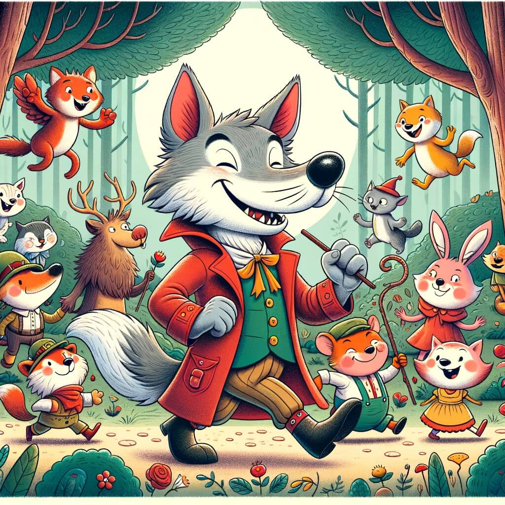Une illustration destinée aux enfants représentant un loup malicieux et charismatique se trouvant dans une forêt enchantée, accompagné d'une joyeuse bande d'animaux farfelus, prêts à vivre des aventures hilarantes.