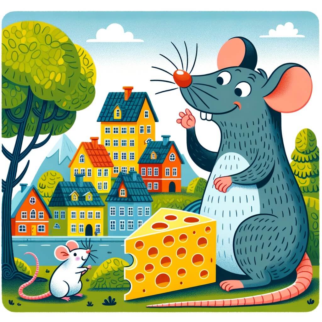 Une illustration destinée aux enfants représentant un rat malin et espiègle, accompagné d'une joyeuse souris, dans une petite ville colorée remplie de maisons en forme de fromages et d'arbres aux branches en forme de morceaux de gruyère.