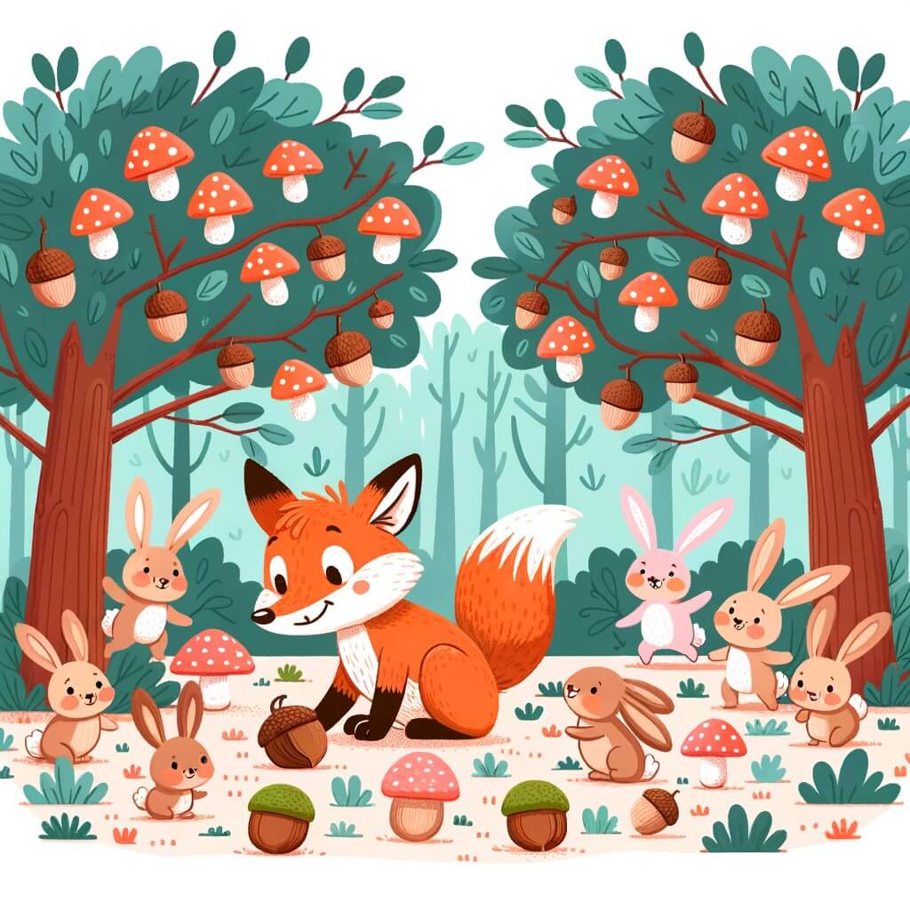 Une illustration destinée aux enfants représentant un renard affamé, à la recherche de nourriture, accompagné d'un groupe de joyeux lapins dans une forêt enchantée remplie de champignons colorés et d'arbres aux branches chargées de noisettes.