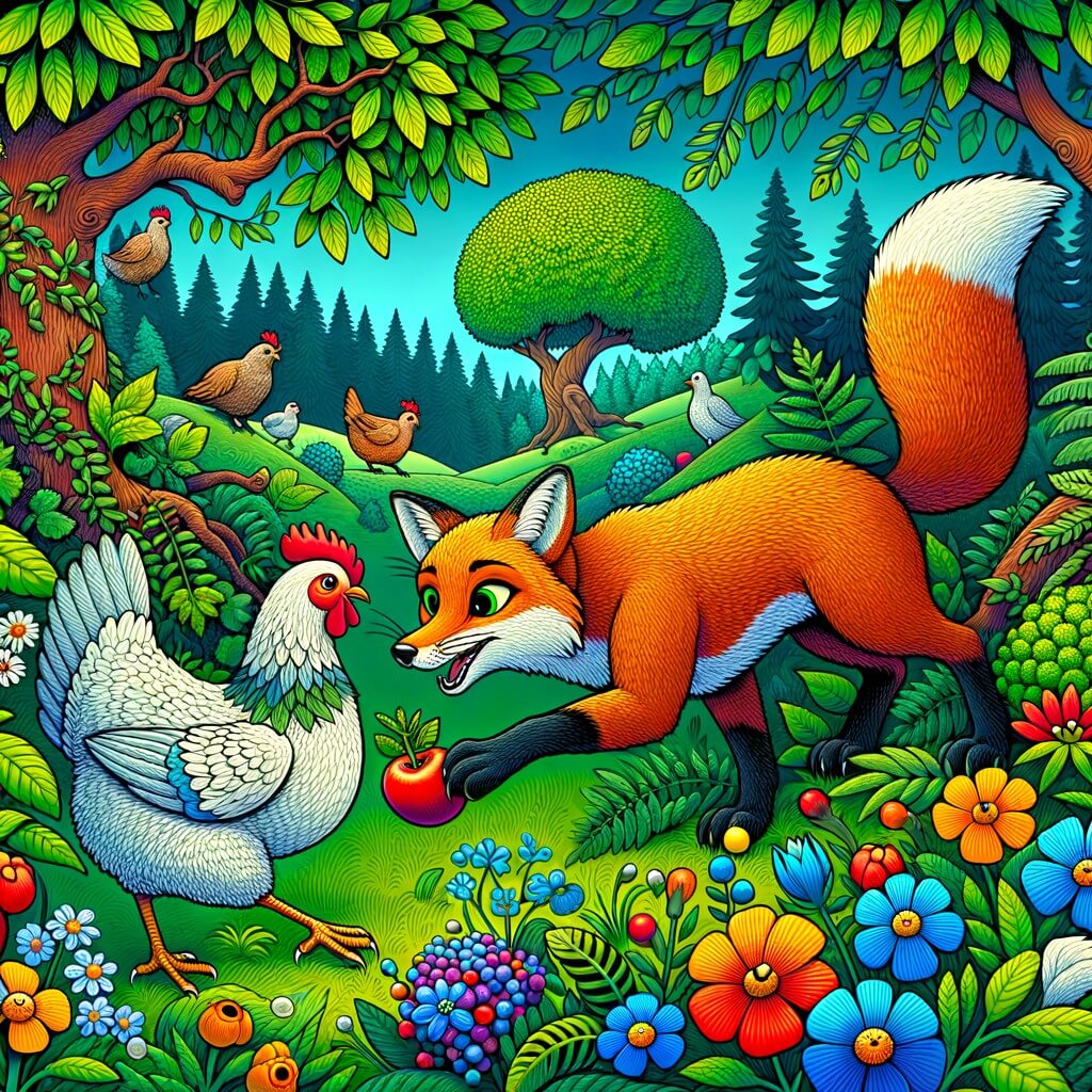 Une illustration destinée aux enfants représentant un renard malicieux, affamé et à la recherche de nourriture, rencontrant une poule généreuse dans une forêt verdoyante, parsemée de fleurs multicolores.