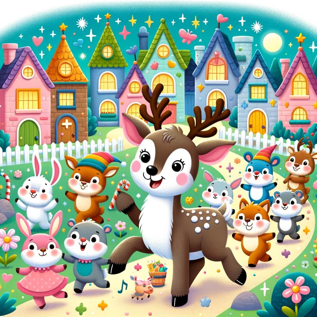 Une illustration destinée aux enfants représentant un renne facétieux et espiègle, accompagné d'un joyeux groupe d'animaux, se déroulant dans un village enchanteur aux maisons colorées et aux rues pavées de pétales de fleurs scintillantes.