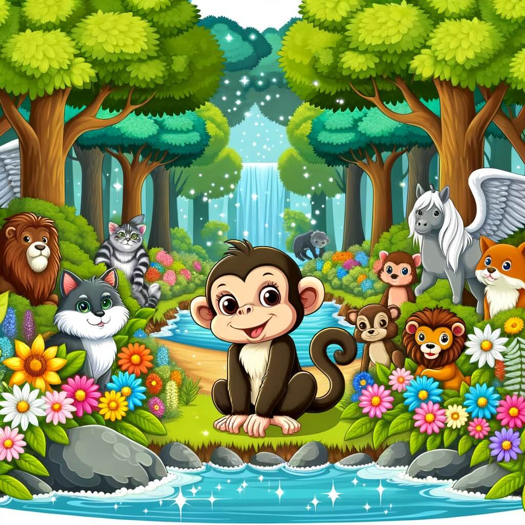 Une illustration destinée aux enfants représentant un singe farceur, accompagné de ses amis animaux, dans une forêt enchantée pleine de fleurs colorées, d'arbres majestueux et d'une rivière scintillante.