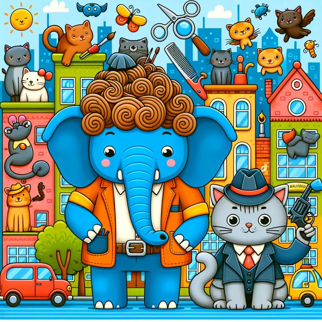 Une illustration destinée aux enfants représentant un éléphant coiffeur très habile et sympathique, qui rencontre un détective chat malin et ensemble, ils résolvent des problèmes amusants avec des animaux dans une ville colorée remplie de bâtiments en forme d'animaux.