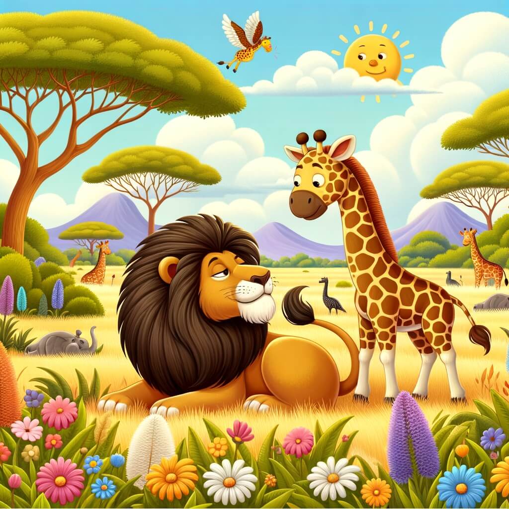 Une illustration destinée aux enfants représentant un lion majestueux, se retrouvant dans une situation cocasse avec un girafe rigolote, dans la magnifique savane africaine parsemée d'herbes hautes, d'arbres majestueux et de fleurs colorées.