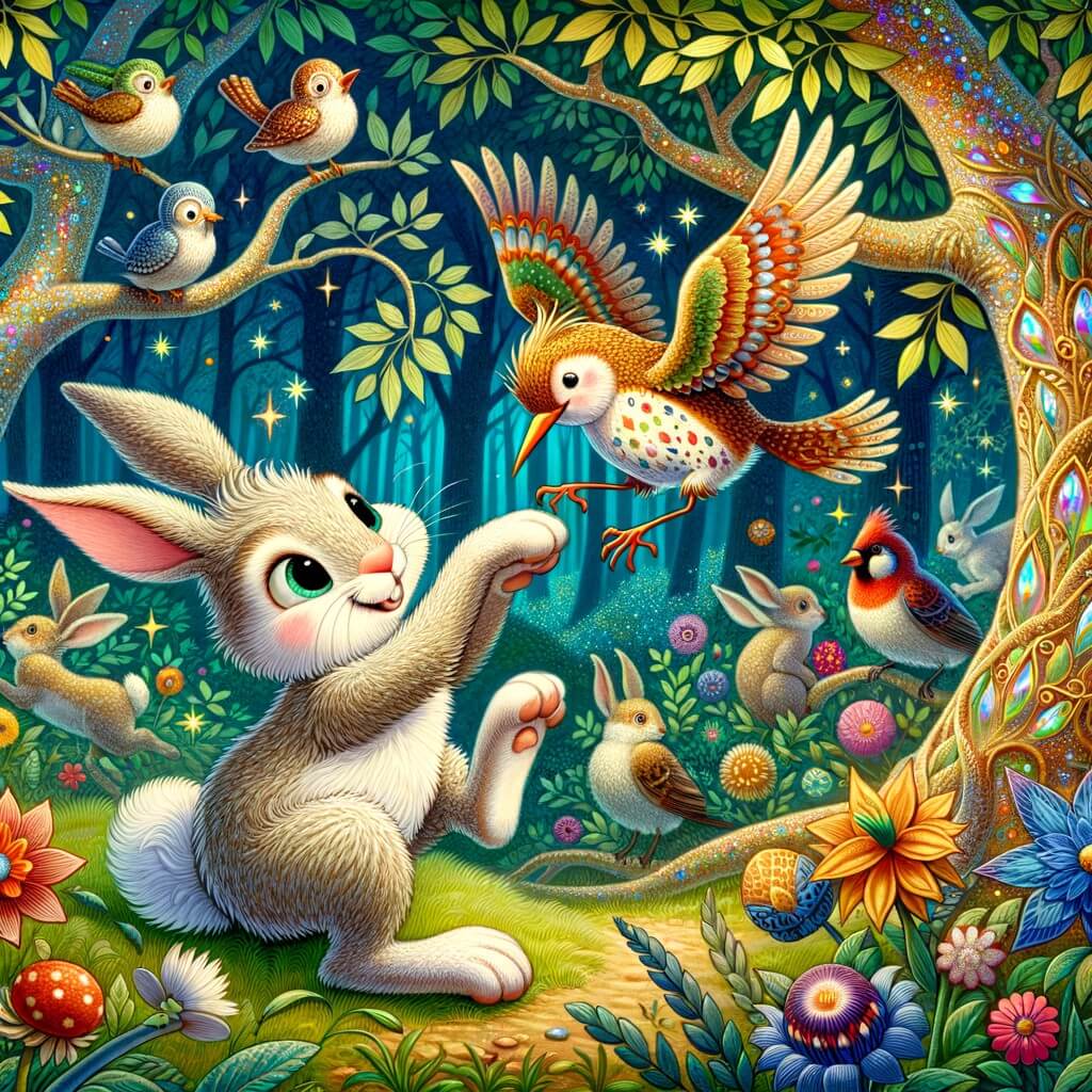 Une illustration destinée aux enfants représentant un petit lapin malicieux, faisant des pitreries avec un drôle d'oiseau, au cœur d'une forêt enchantée avec des arbres aux feuilles chatoyantes et des fleurs multicolores.