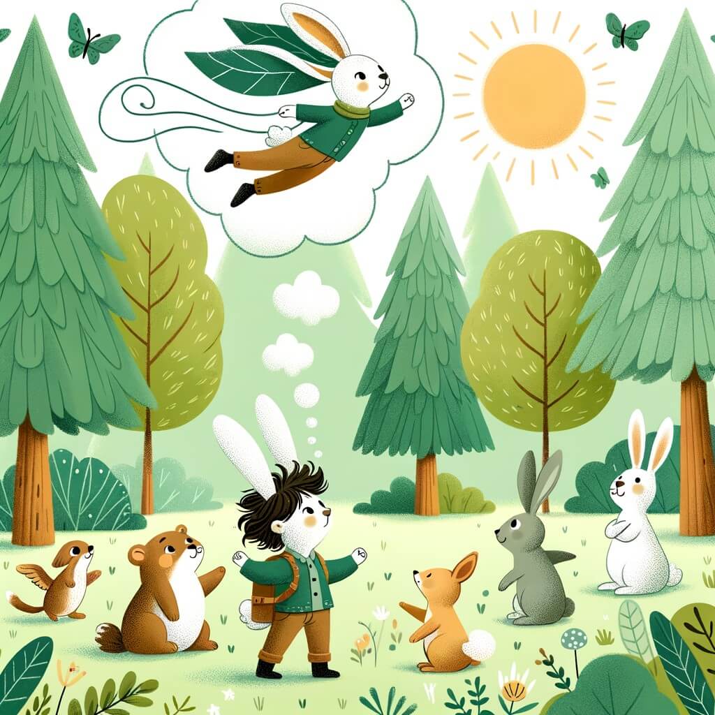 Une illustration destinée aux enfants représentant un lapin intrépide qui rêve de voler, accompagné de ses amis animaux, dans une clairière ensoleillée de la forêt, où les arbres verdoyants se balancent doucement au rythme du vent.