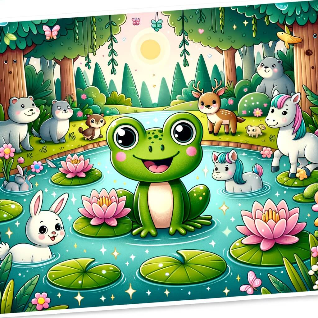 Une illustration destinée aux enfants représentant une charmante grenouille, vivant dans une mare scintillante bordée de nénuphars, qui fait la rencontre d'animaux amusants et traverse des aventures joyeuses dans une forêt enchantée.