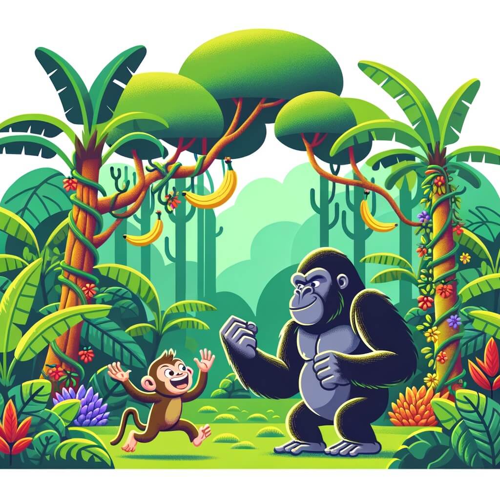 Une illustration destinée aux enfants représentant un petit singe facétieux, se retrouvant dans une situation hilarante avec un gorille imposant, dans une luxuriante bananeraie, entourée d'arbres verdoyants et de lianes colorées.