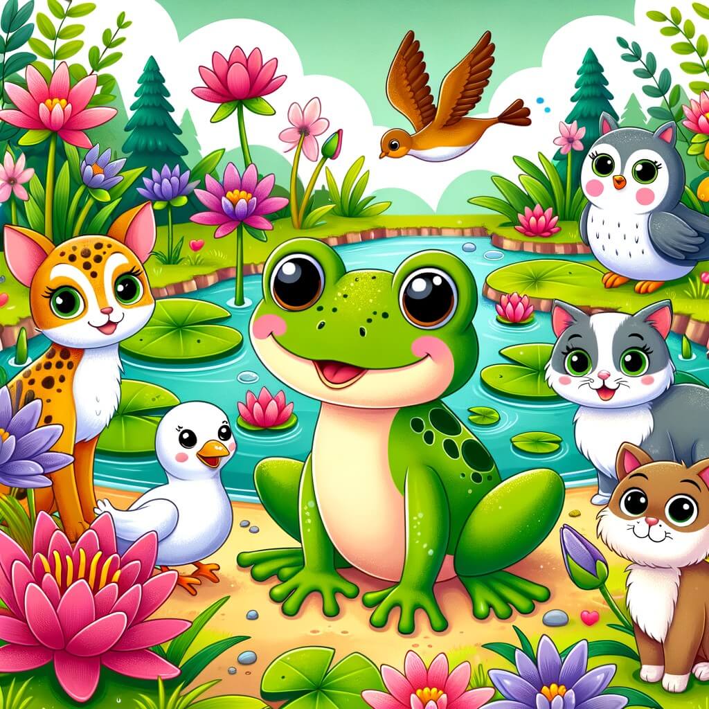 Une illustration destinée aux enfants représentant une petite grenouille espiègle et curieuse, accompagnée de ses amis animaux, vivant dans une mare enchantée entourée de nénuphars colorés et de fleurs éclatantes.