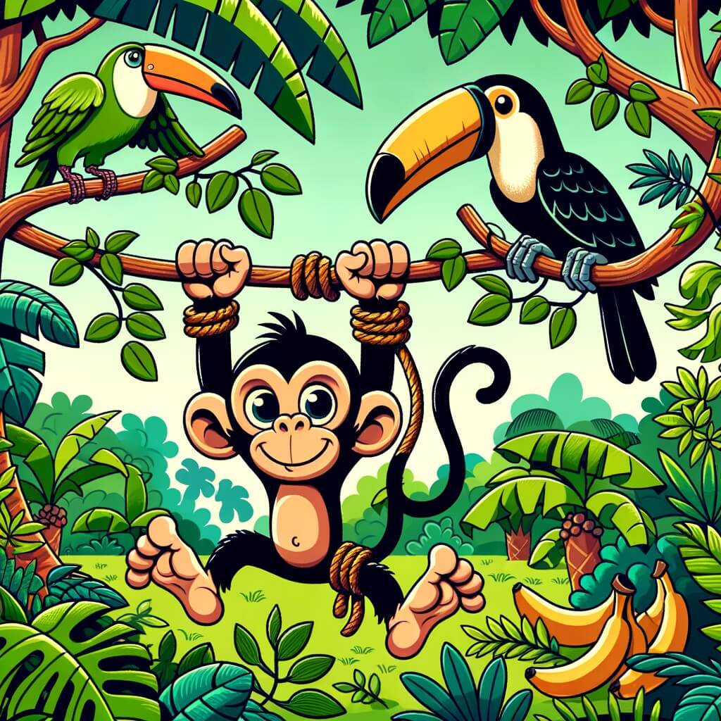 Une illustration destinée aux enfants représentant un singe facétieux se retrouvant coincé dans une liane, accompagné de son fidèle ami Toucan, dans une forêt luxuriante remplie de bananiers et de végétation colorée.