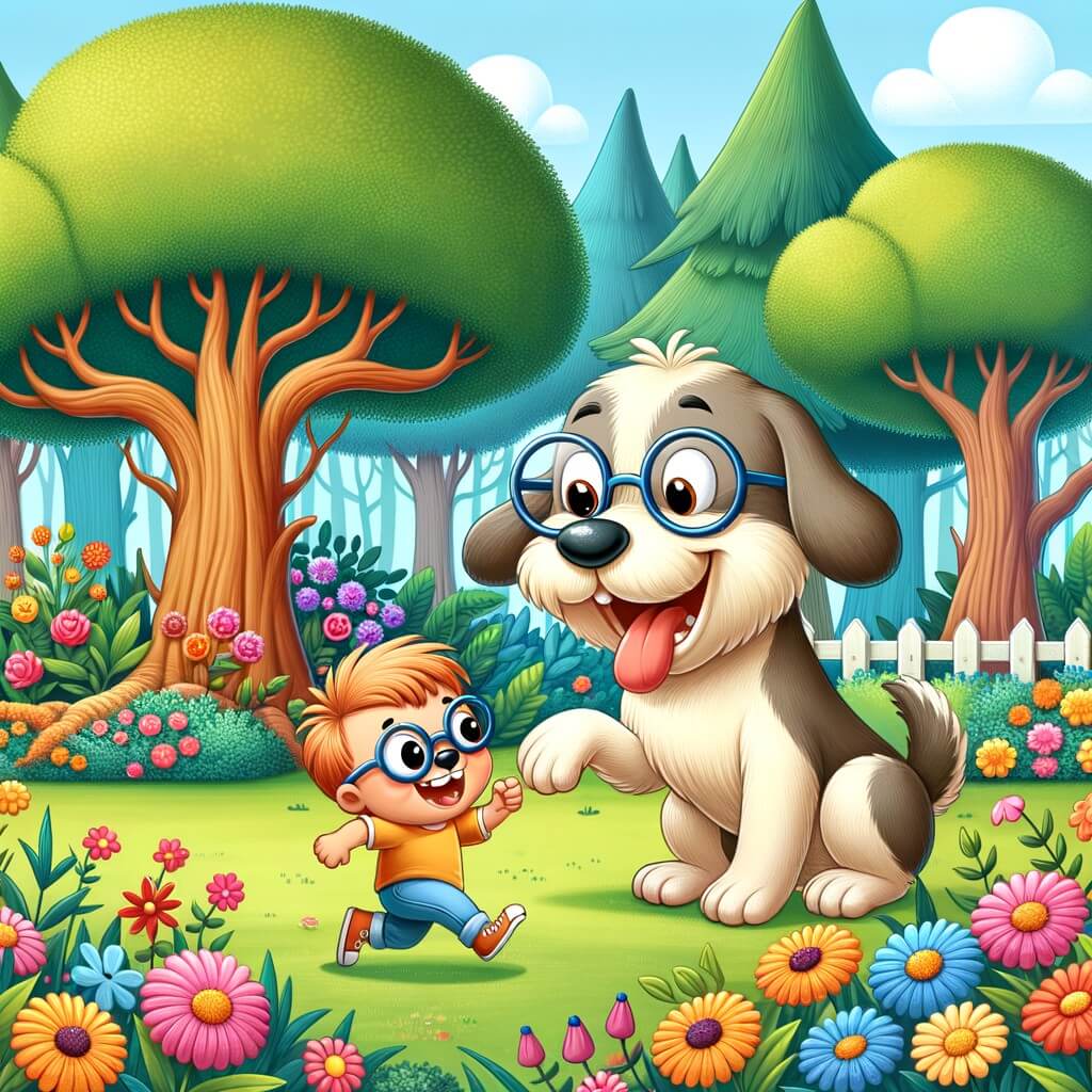 Une illustration destinée aux enfants représentant un petit chien plein d'énergie, en train de jouer avec un drôle de chien à lunettes, dans un parc verdoyant rempli de fleurs colorées et d'arbres majestueux.