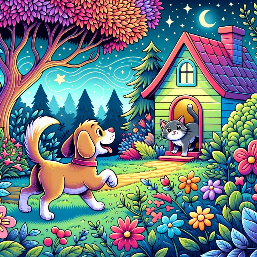 Une illustration destinée aux enfants représentant un joyeux chien aventurier découvrant un nouveau voisin chat dans une petite maison colorée, entourée d'un jardin fleuri avec de grands arbres et des buissons mystérieux.