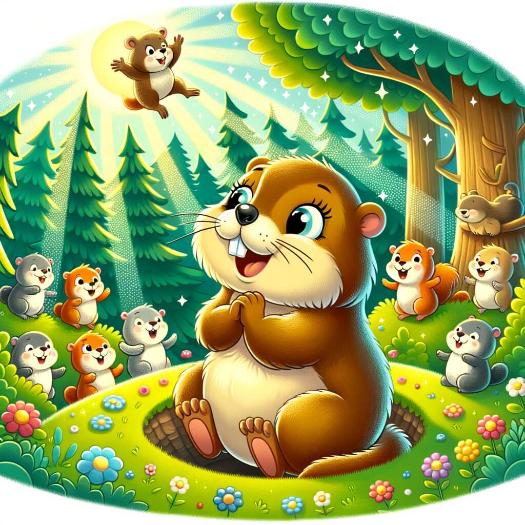 Une illustration pour enfants représentant une marmotte qui adore dormir découvrant la vie sociale et les fêtes dans une forêt animée.