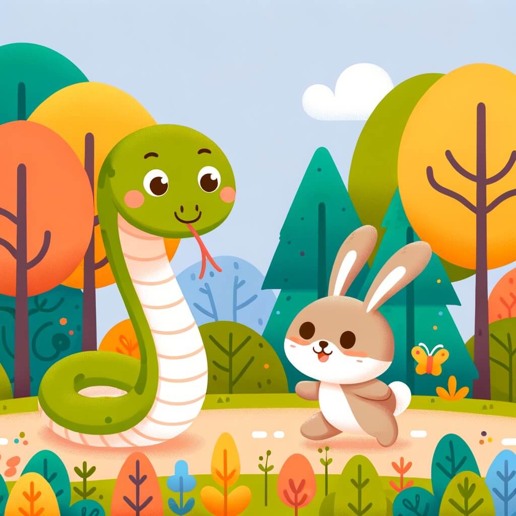 Une illustration destinée aux enfants représentant un serpent joyeux se promenant dans une forêt colorée, accompagné d'un petit lapin brun, à la recherche d'amis pour jouer et s'amuser ensemble.