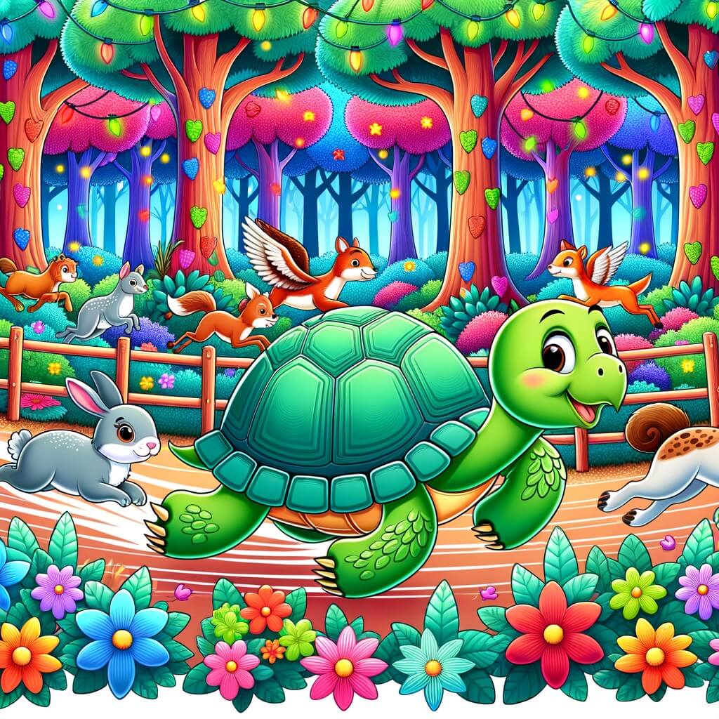 Une illustration destinée aux enfants représentant une tortue pleine de vie, participant à une course contre des animaux rapides, dans une forêt enchantée avec des arbres aux feuilles multicolores et des fleurs lumineuses.
