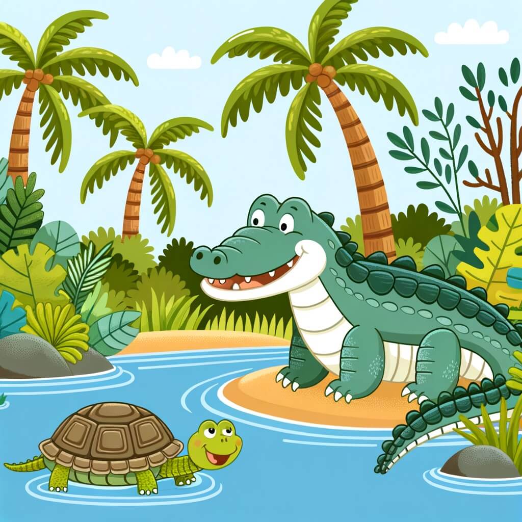 Une illustration destinée aux enfants représentant un crocodile joyeux et souriant, accompagné d'une tortue, se trouvant au bord d'une rivière entourée de palmiers et d'une végétation luxuriante.