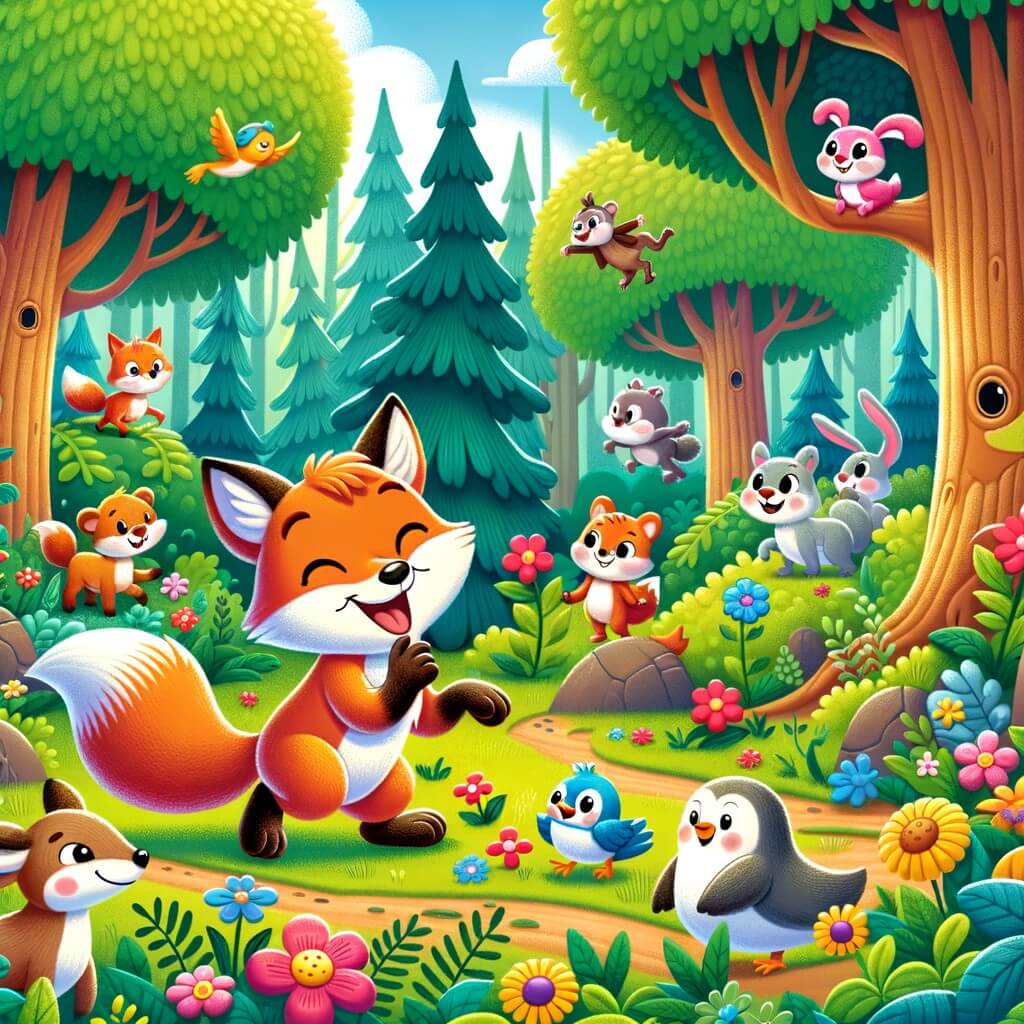 Une illustration destinée aux enfants représentant un renard espiègle, jouant des tours amusants à ses amis animaux dans une forêt enchantée remplie d'arbres majestueux, de fleurs colorées et d'animaux curieux.
