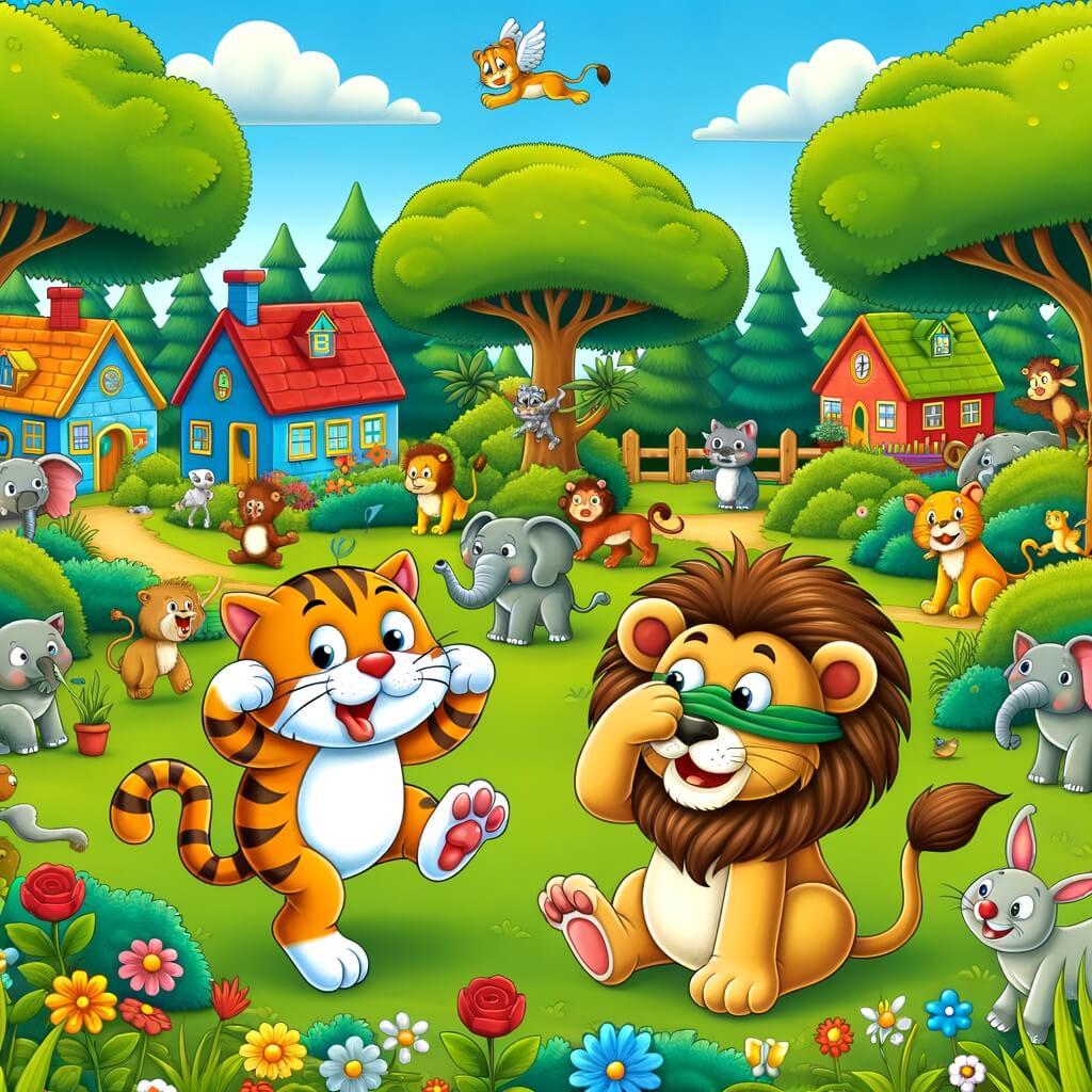 Une illustration destinée aux enfants représentant un chat farceur, accompagné d'un lion bavard, s'amusant à jouer des tours dans un village animé où les animaux vivent joyeusement parmi les arbres verdoyants et les maisons colorées.