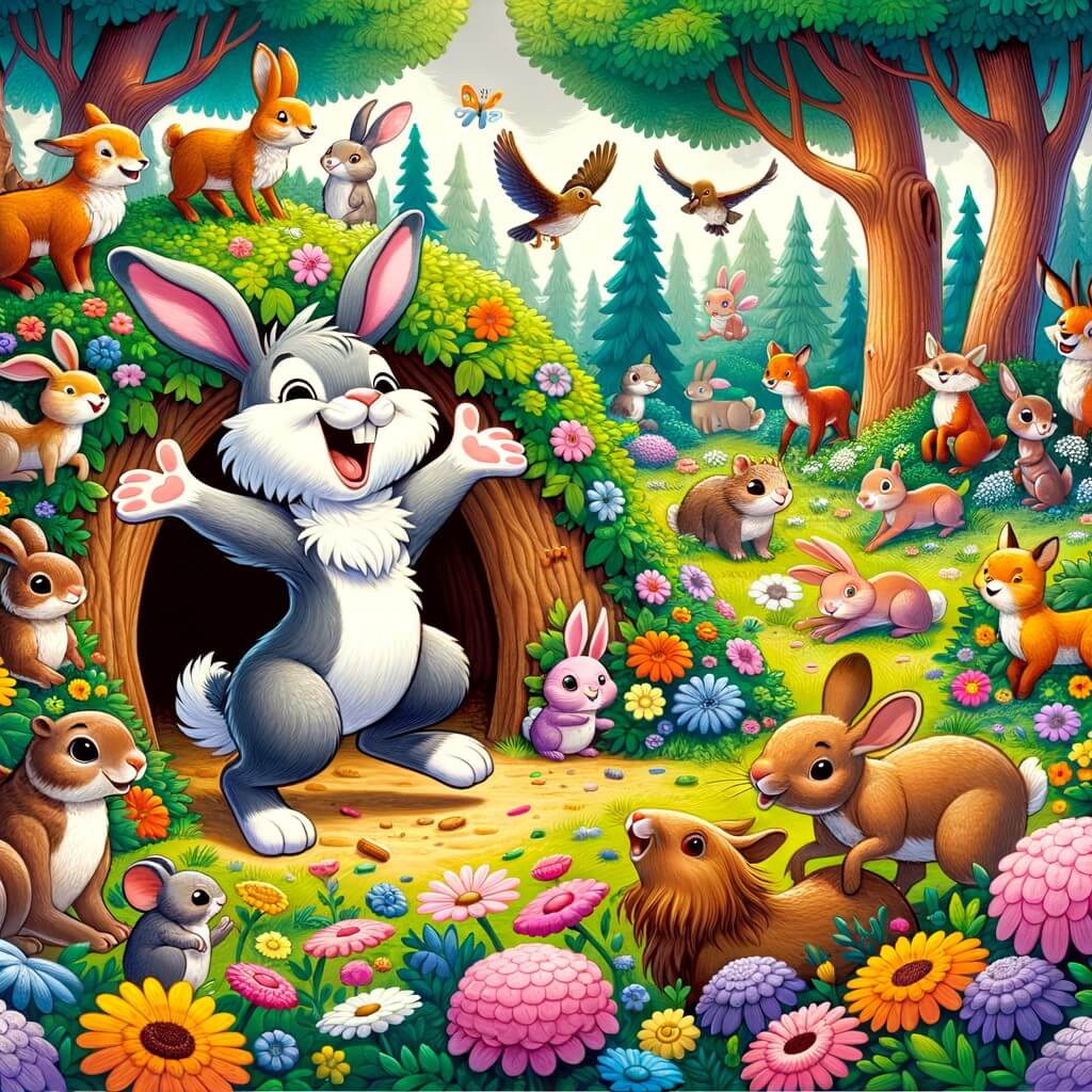 Une illustration destinée aux enfants représentant un lapin farceur, plein d'énergie et de malice, qui fait rire tous les animaux de la forêt avec ses blagues et ses énigmes, dans un terrier douillet entouré de fleurs colorées et d'arbres majestueux.