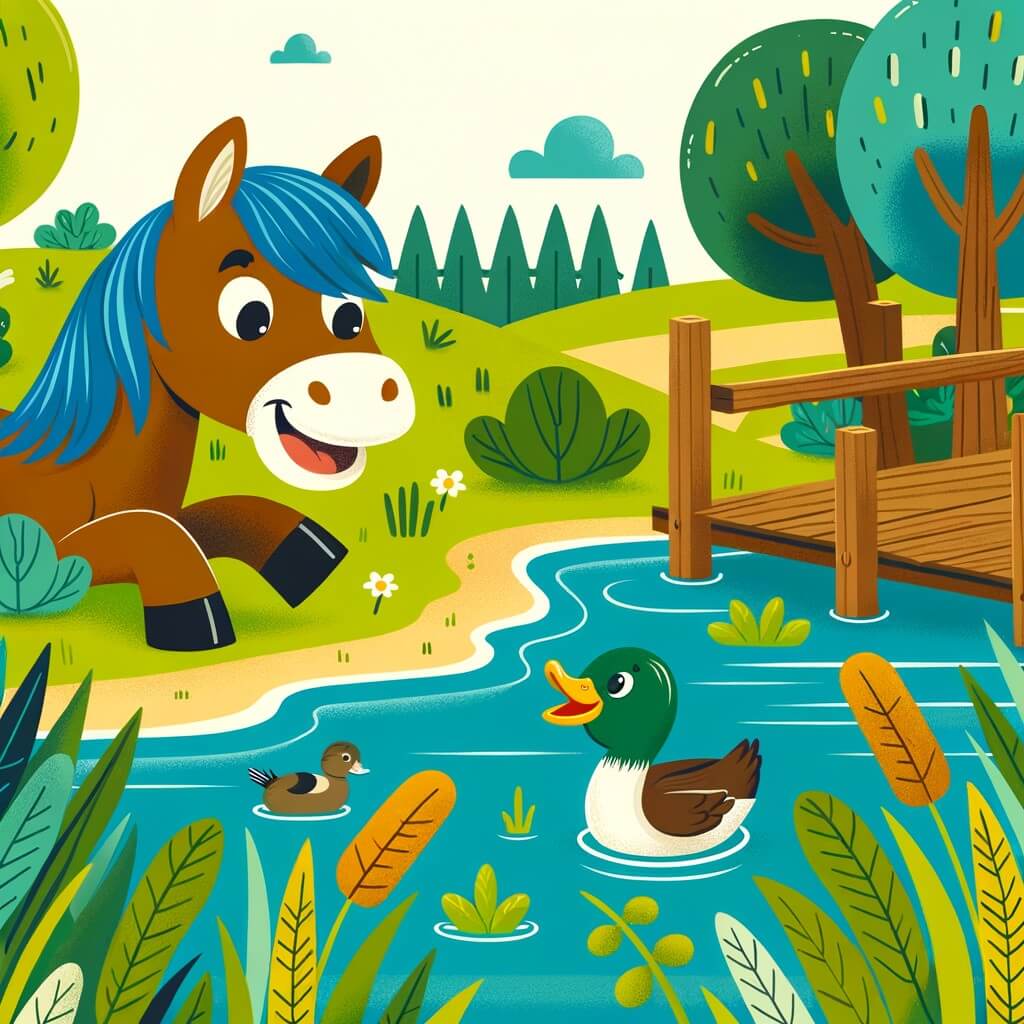 Une illustration destinée aux enfants représentant un joyeux cheval brun à la crinière bleue, vivant dans une ferme animée, faisant la rencontre d'un canard aventurier, près d'une rivière bordée de roseaux verdoyants.