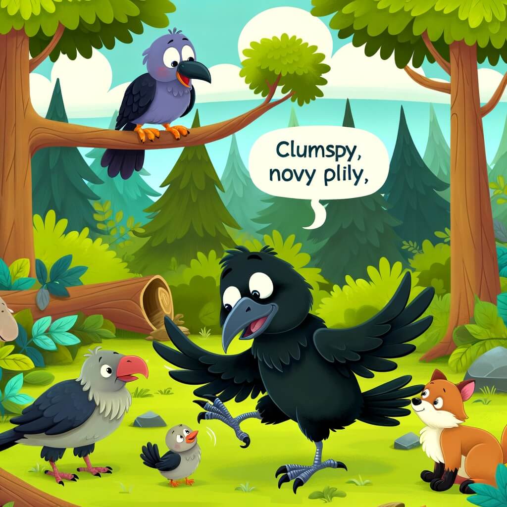 Une illustration destinée aux enfants représentant un corbeau maladroit qui rencontre ses amis dans une forêt luxuriante, alors qu'il vient de percuter un arbre en volant.