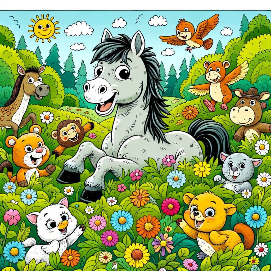 Une illustration destinée aux enfants représentant un cheval espiègle, entouré d'animaux rigolos, dans une prairie verdoyante parsemée de fleurs multicolores.