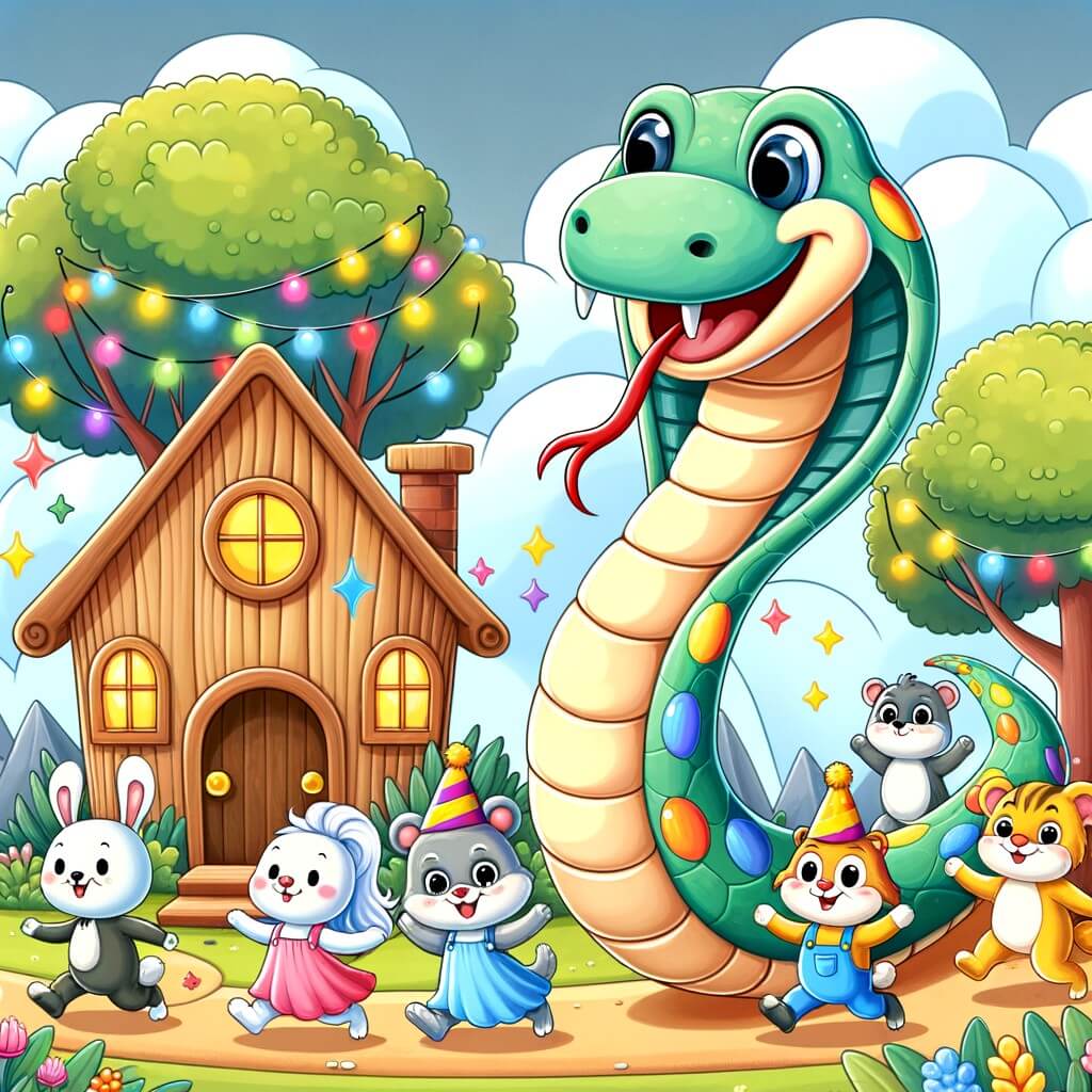 Une illustration destinée aux enfants représentant un serpent espiègle vivant dans une maison en forme de tronc d'arbre, se rendant à une fête animée dans une forêt enchantée, accompagné d'animaux souriants et vêtus de costumes colorés.
